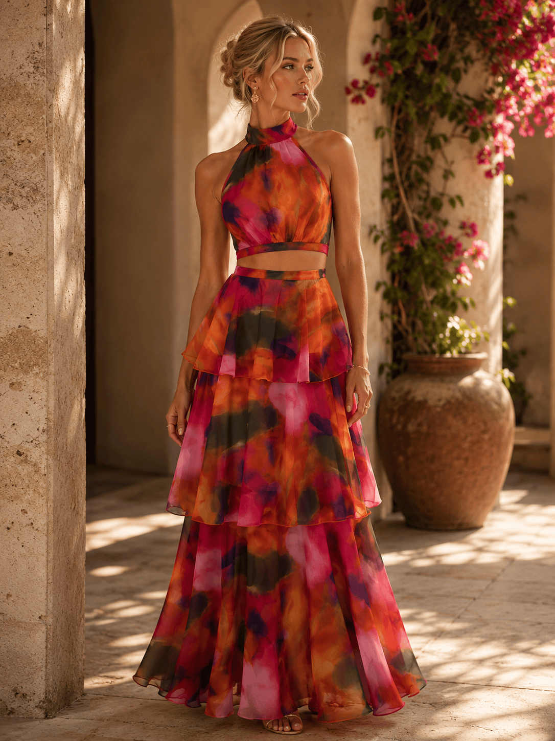 Women's Fashion Print Round Neck Sleeveless Fitted Waist Bubble Cake Dress