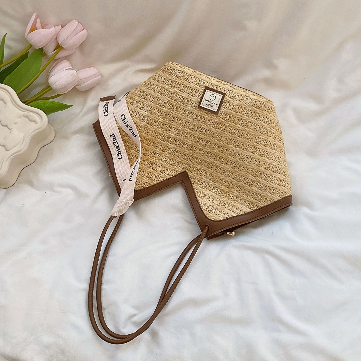 Straw Weave Shoulder Bag with Contrast Trim