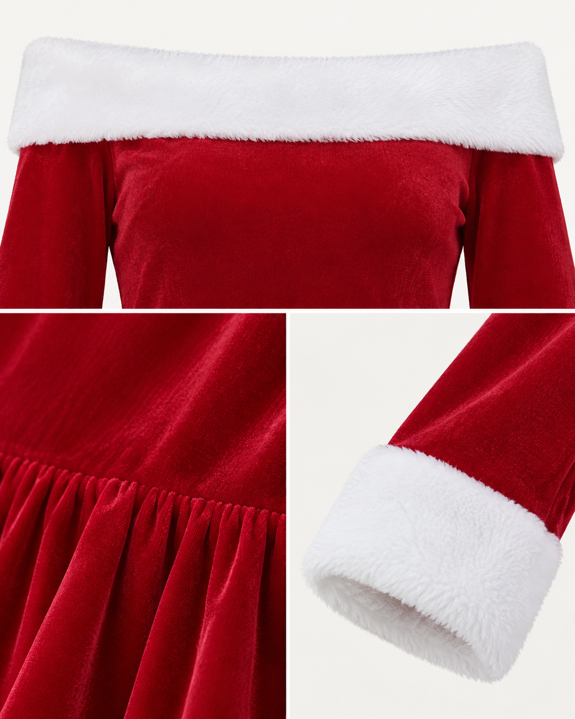 Women's Christmas Costume Santa Dress Plush Trim Boat-Neck Off-Shoulder Sleeve Dress New Year Party Cosplay Costume –…