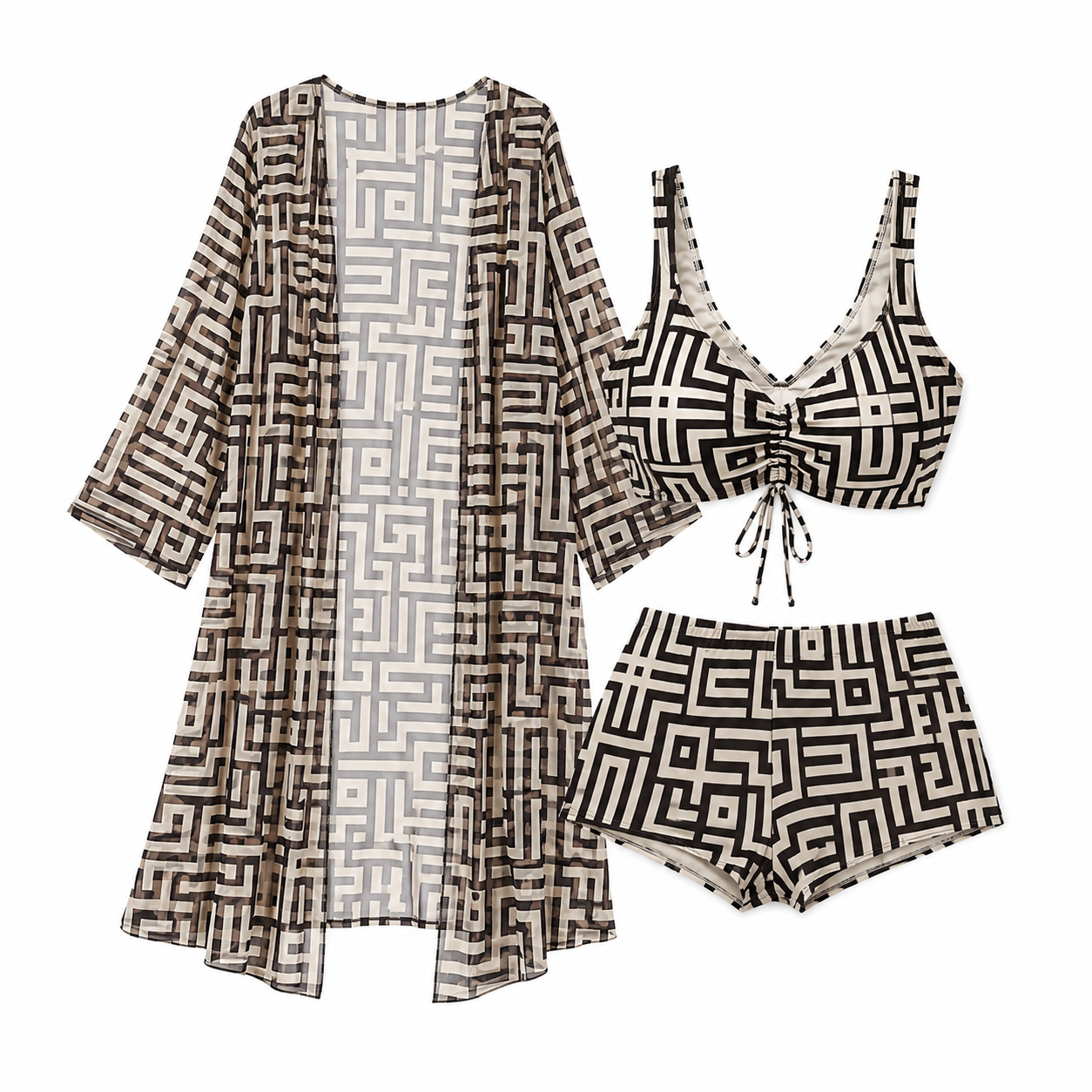 Geometric 3-Piece Swimwear Set with Cover-Up