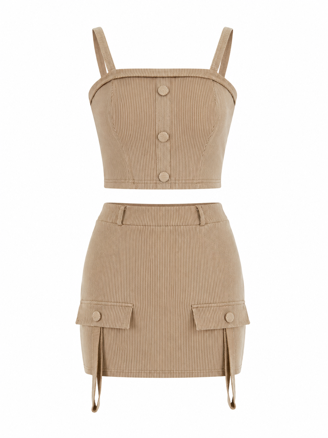 Buttoned Square-neck Camisole Top With Flap-detail Skirt Two-piece Set