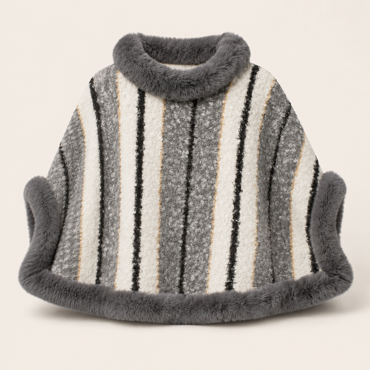 Cape Fur Collar Striped Knitted Shawl Sweater For Women