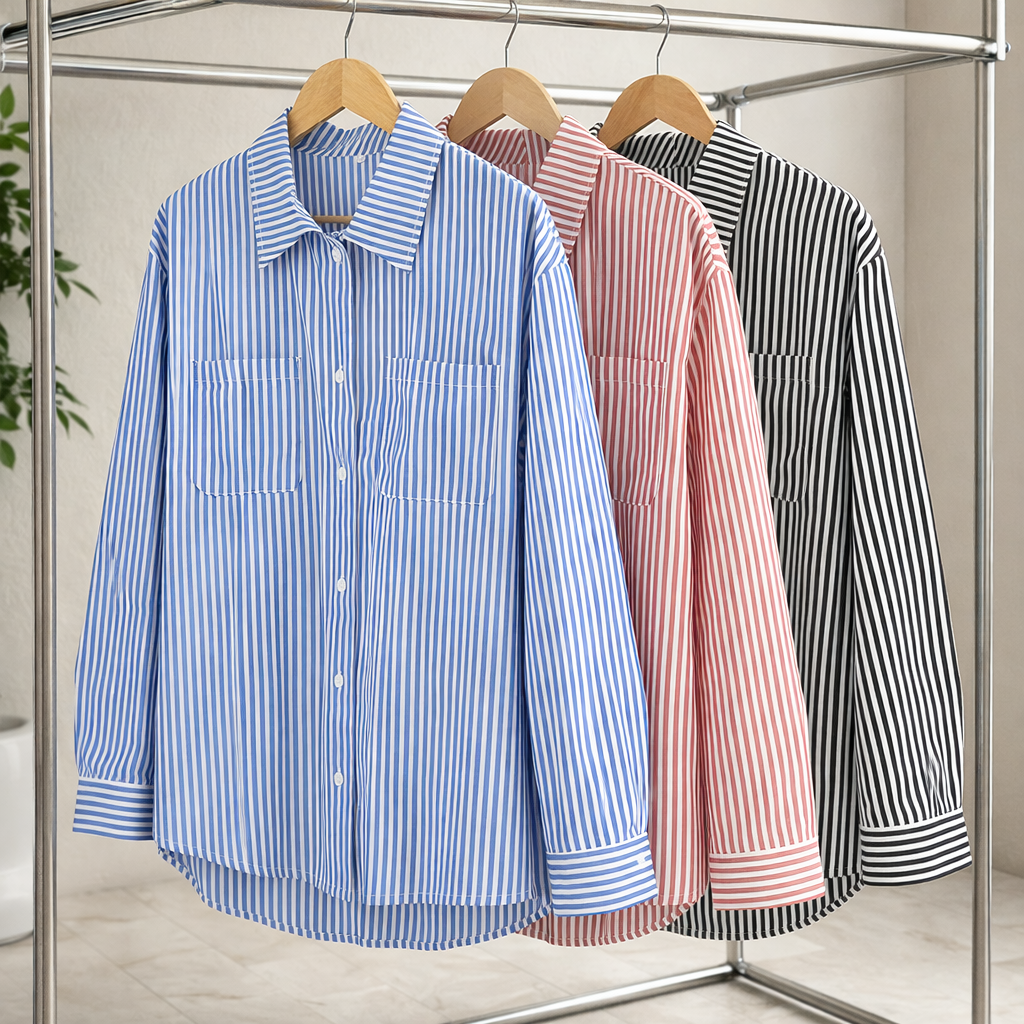Fashion Striped Long Sleeve Shirt With Pockets Casual Loose Single-breasted Button Top Women Clothing