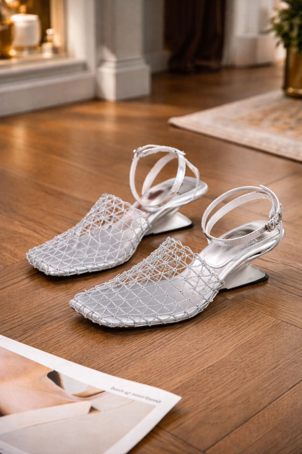 First Encounter Season Niche Design Wedge Heel Fishnet Hollow Women's Sandals, Retro Square Toe Woven Backless One-Strap Sandals