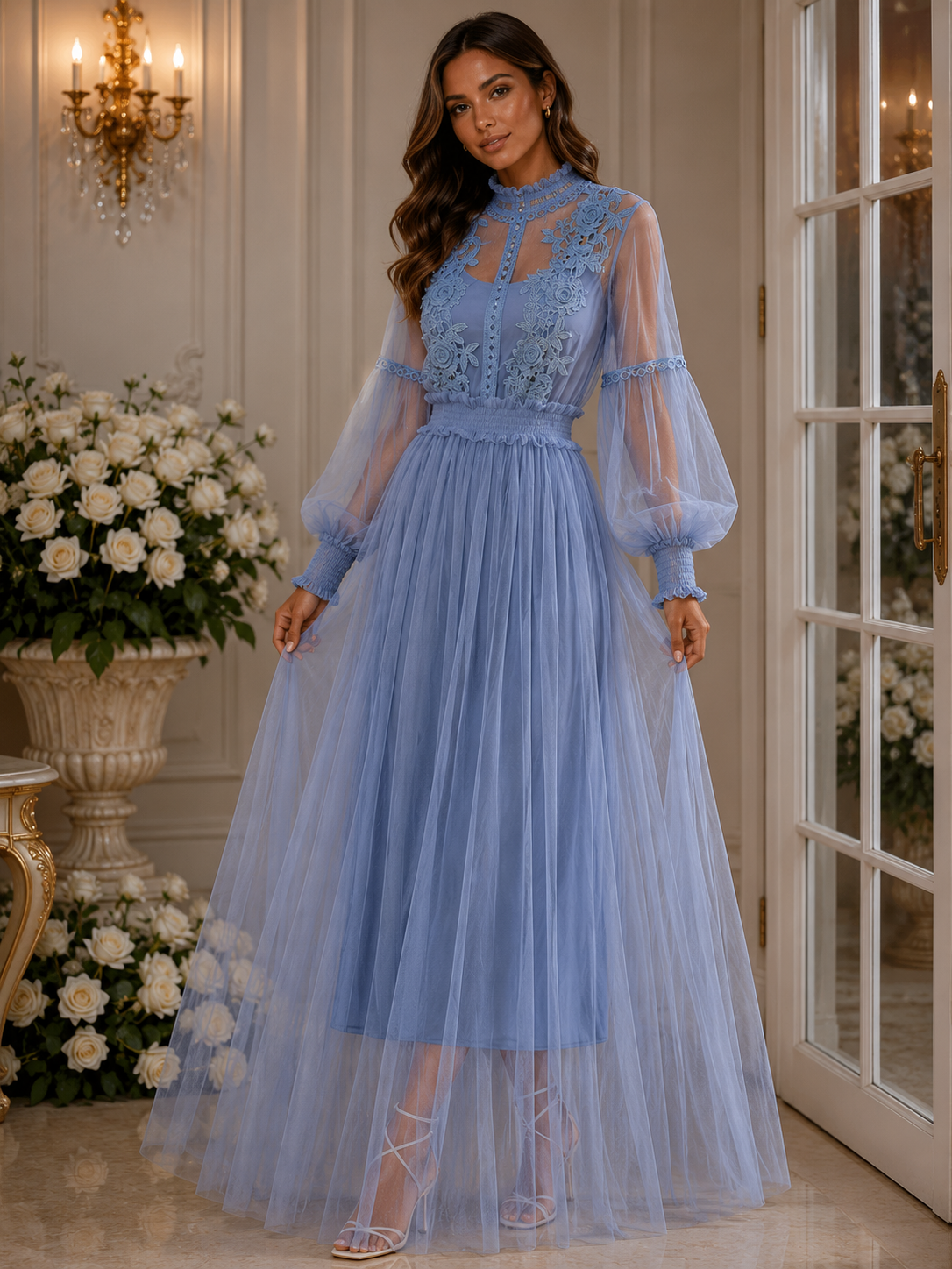 Mesh Graceful Stand Collar Lantern Sleeve High Waist Slimming Suspenders Dress