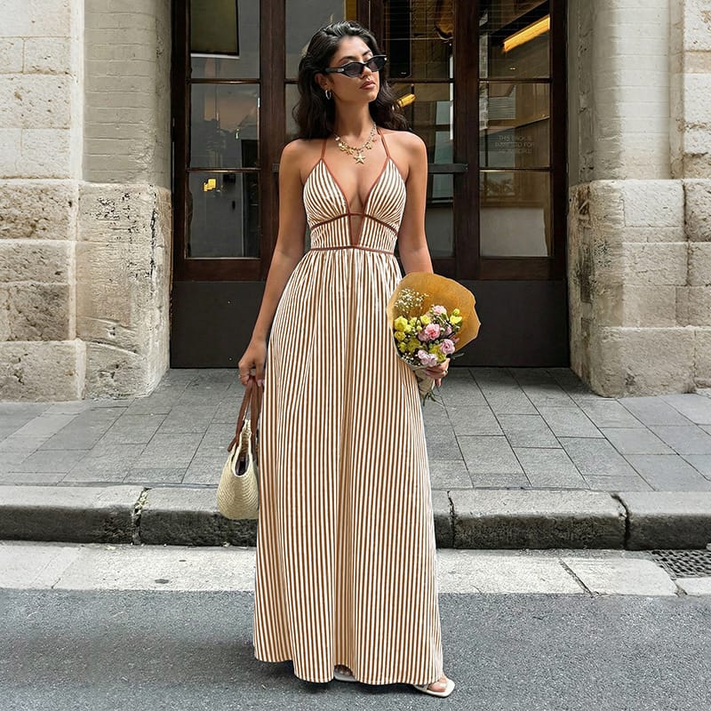 Women's Striped High-Waist Maxi Dress
