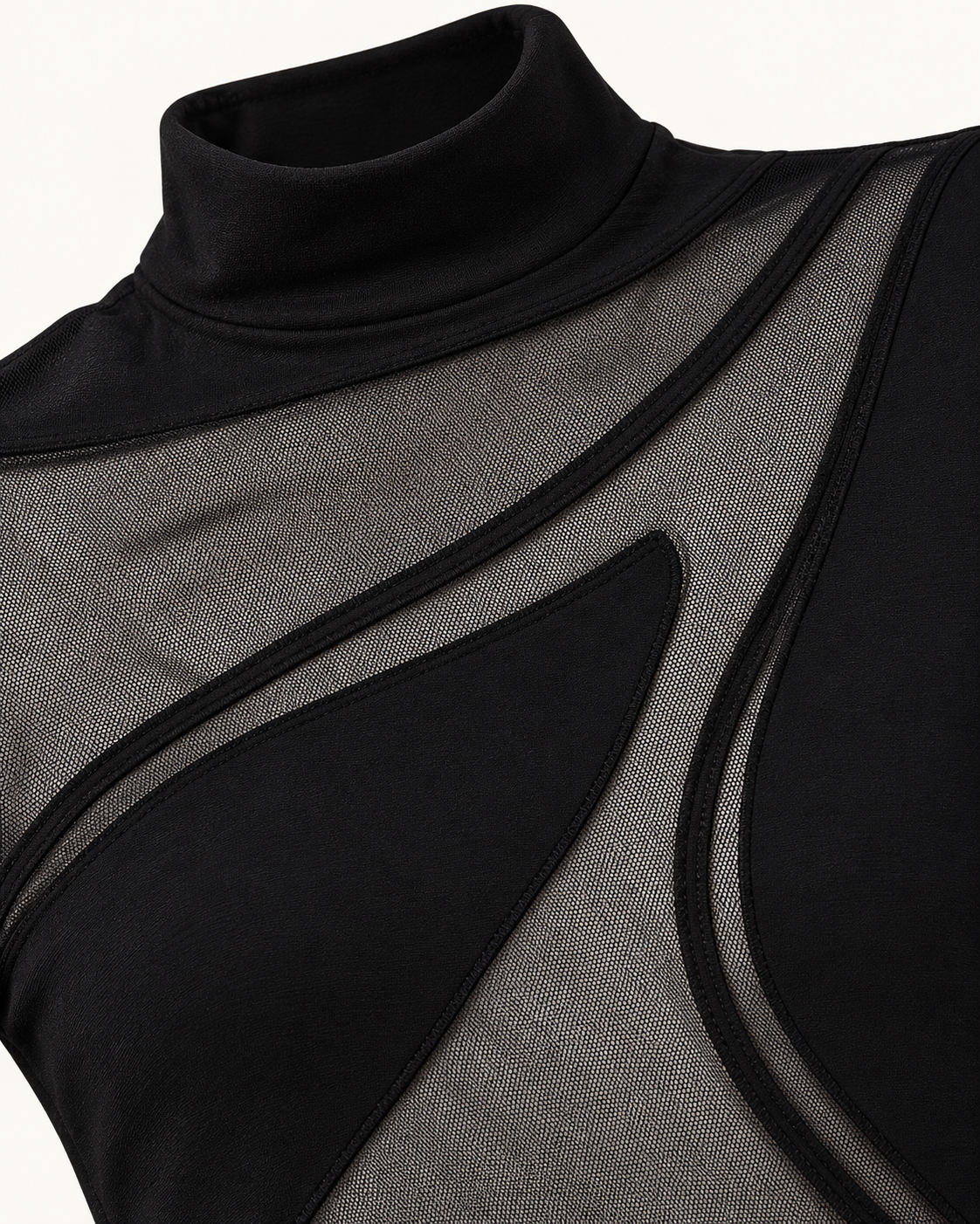 Asymmetric Mesh Bodysuit — fabric and construction detail