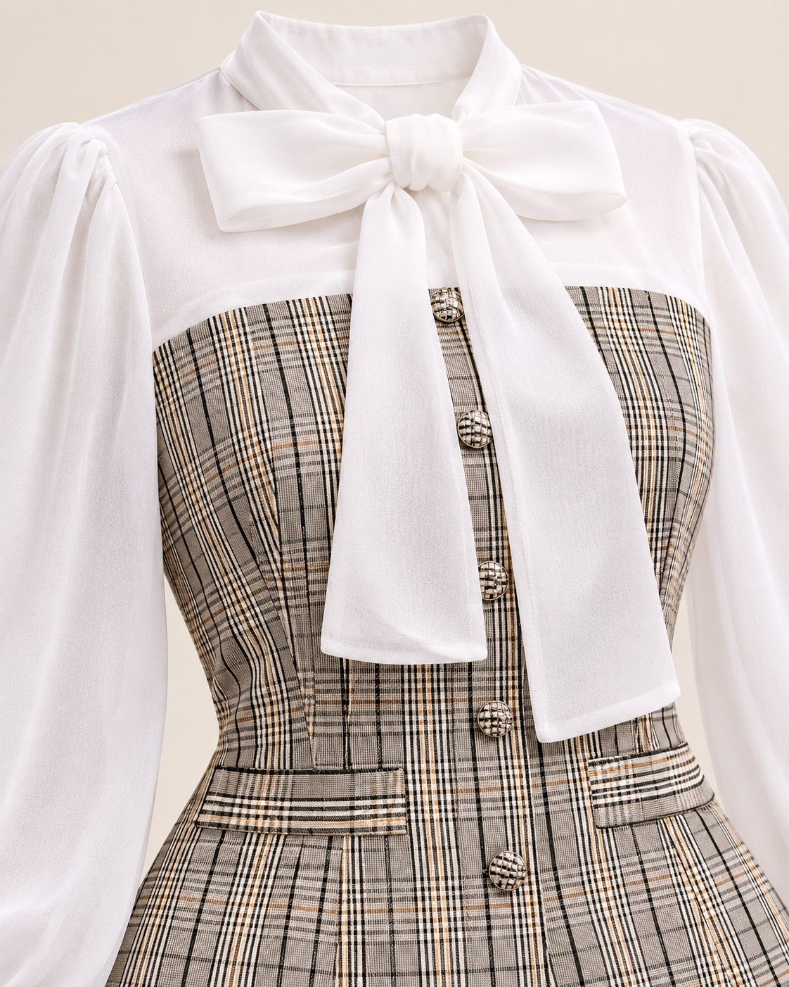 Plaid Bow Blouse & Trouser Set – detail