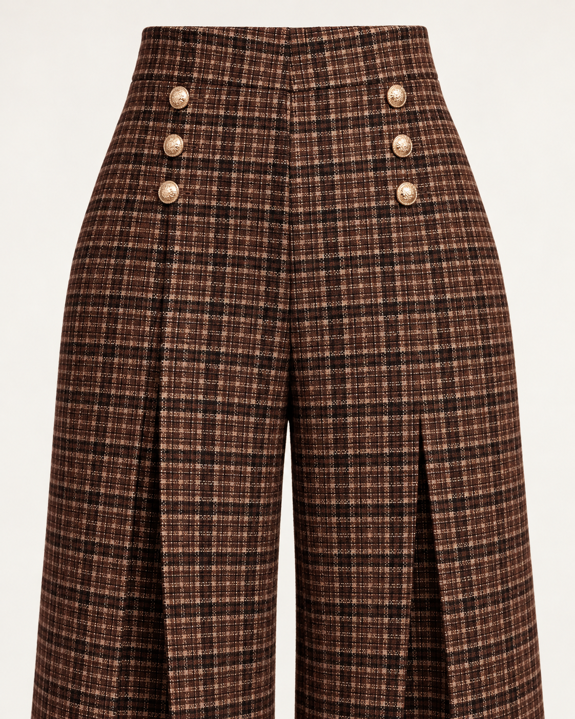 Gold-Button Plaid Wide-Leg Trousers – detail