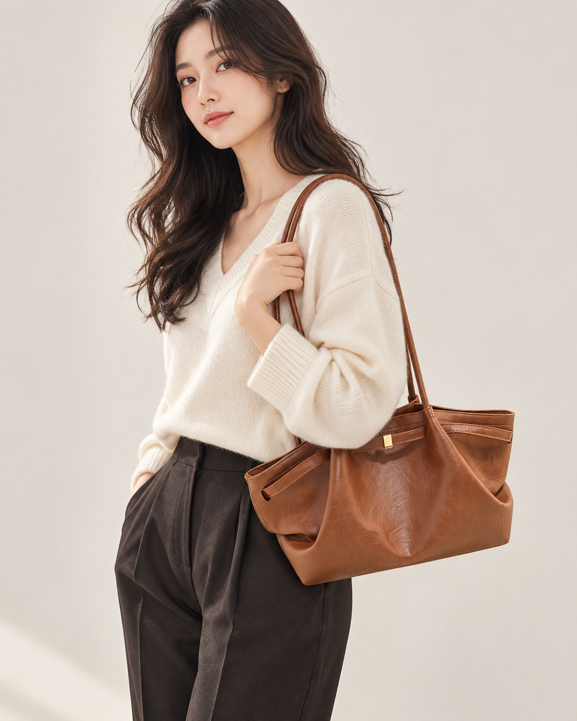 Soft Winged Shoulder Tote — Model wearing the light caramel Brown bag