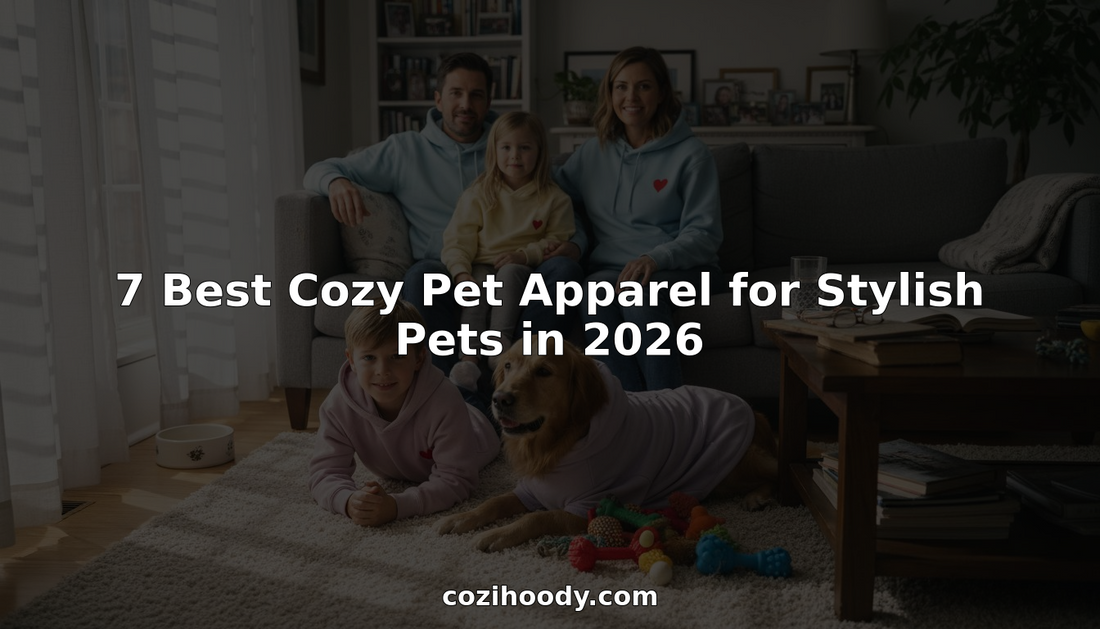 Family and dog in matching cozy hoodies