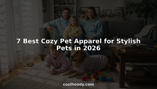 Family and dog in matching cozy hoodies
