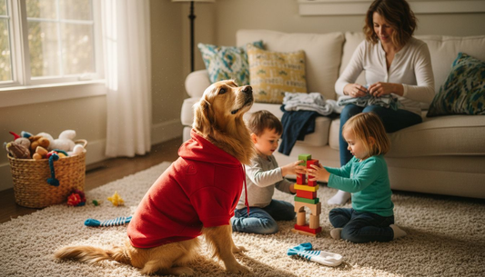 Dog in hoodie sitting with family in living room