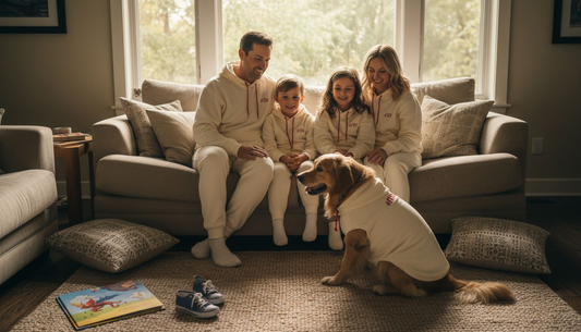 Family and dog wearing matching cozy hoodies