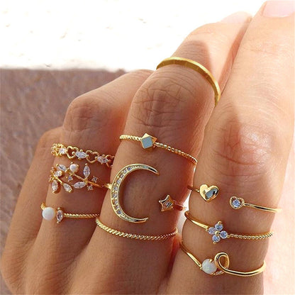 Fashion Diamond Love Pearl Leaf Ring Set Of 10