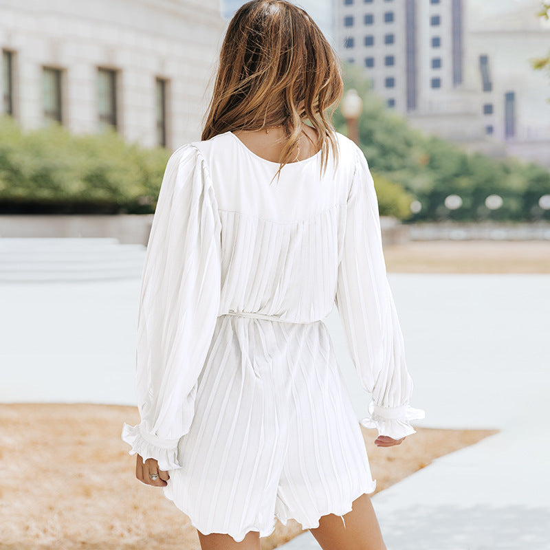 Fitted Waist Jumpsuit Women's Solid Color V-neck Long-sleeve Dress