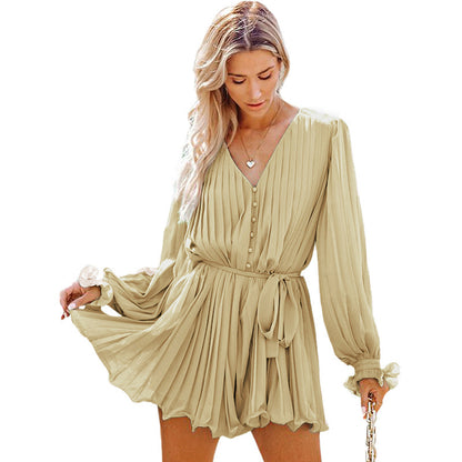 Fitted Waist Jumpsuit Women's Solid Color V-neck Long-sleeve Dress