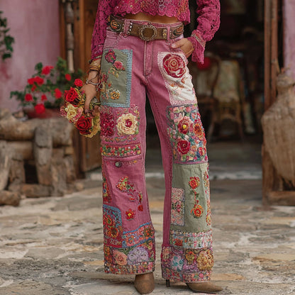 Womens Denim Jeans  Womens Trousers With Colorful 3D Floral Prints