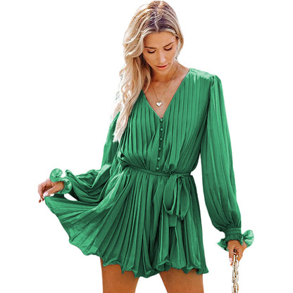 Fitted Waist Jumpsuit Women's Solid Color V-neck Long-sleeve Dress