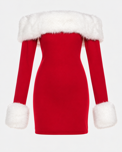 Christmas Slimming Look Color Block Patchwork Plush Off The Shoulder Bodycon Dress – product view 2