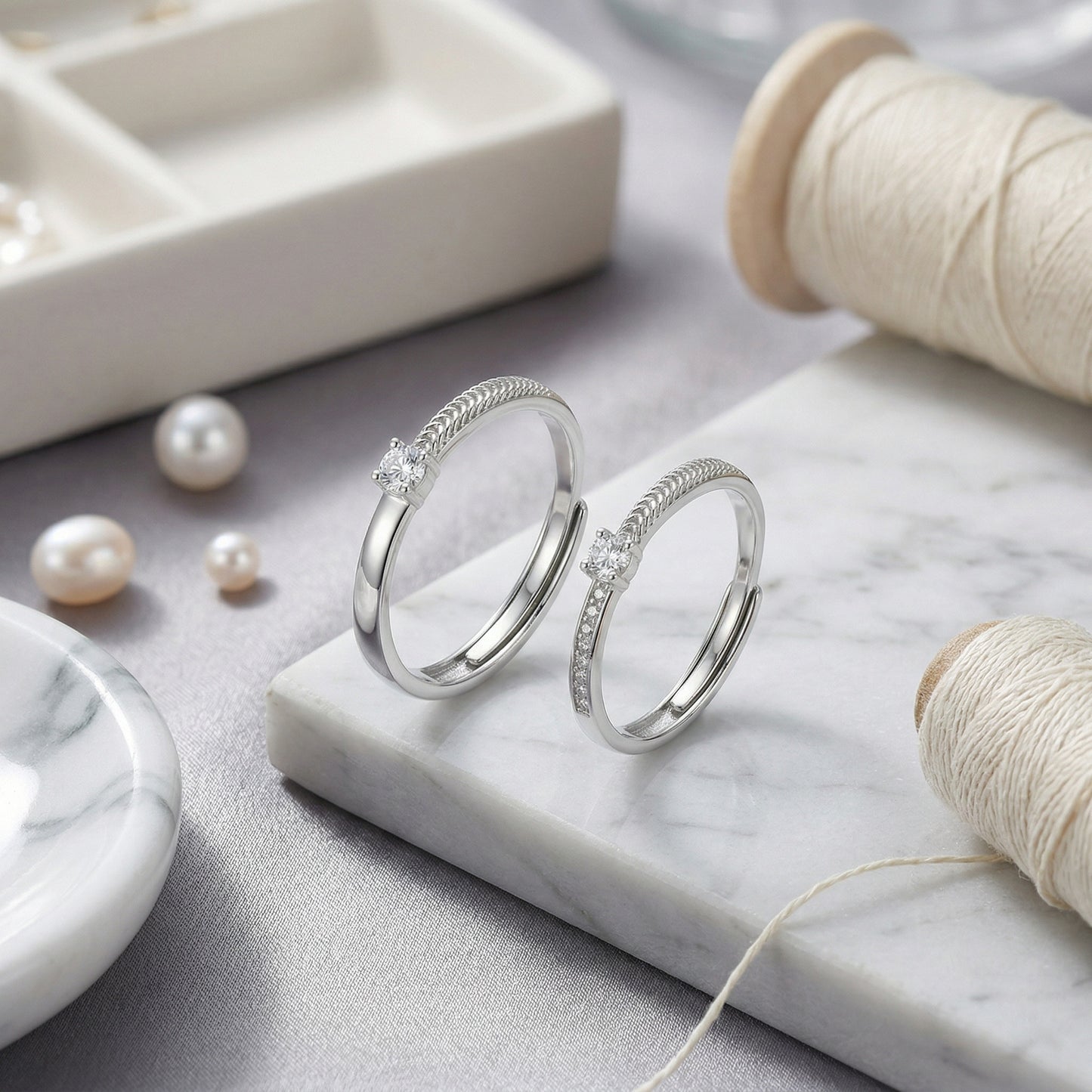 925 Sterling Silver Elegant Adjustable Silver Couple Rings with Sparkling Round-Cut Gemstones