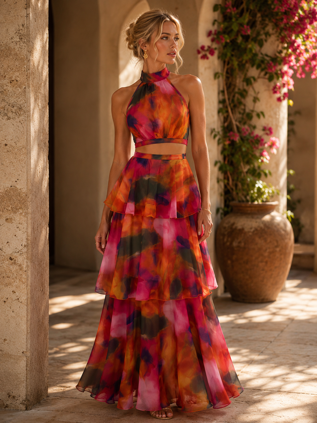 Women's Fashion Print Round Neck Sleeveless Fitted Waist Bubble Cake Dress