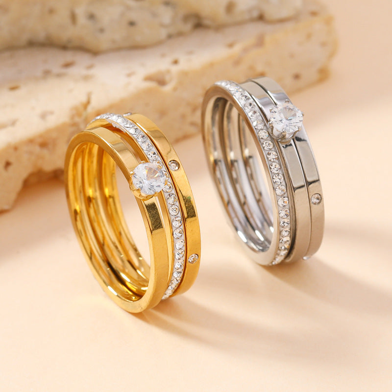 Stainless Steel Ring Three-piece Set Light Luxury High-grade Diamond