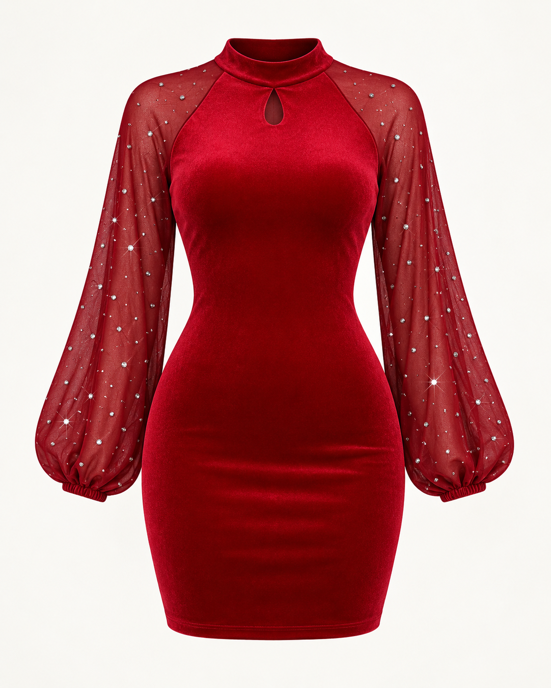 Red Velvet-Effect Dress with Sheer Sparkle Sleeves
