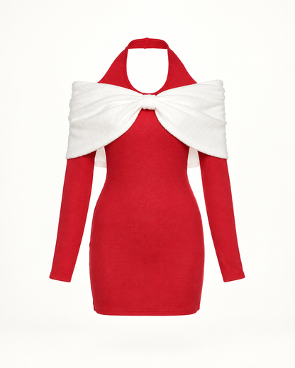 Contrast Bow-Shoulder Bodycon Mini Dress
