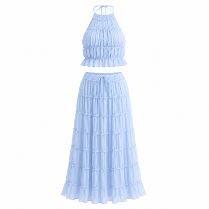 Backless Halter Lace-up Pleated Dress Lace Vest Suit
