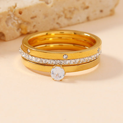 Stainless Steel Ring Three-piece Set Light Luxury High-grade Diamond
