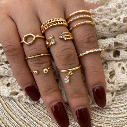 Fashion Diamond Love Pearl Leaf Ring Set Of 10