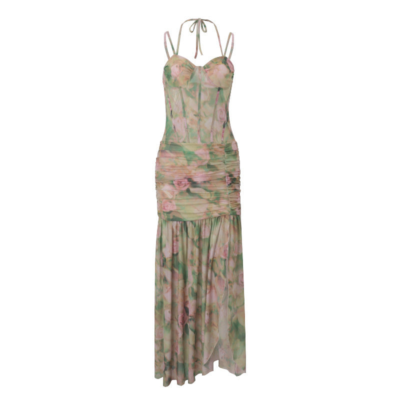 Sling Pleated Print Fishbone Waist Split Sheath Fishtail Fairy Dress