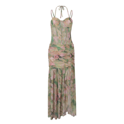 Sling Pleated Print Fishbone Waist Split Sheath Fishtail Fairy Dress