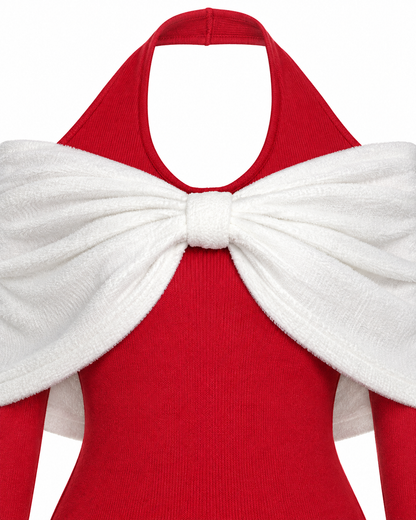 Contrast Bow-Shoulder Bodycon Mini Dress