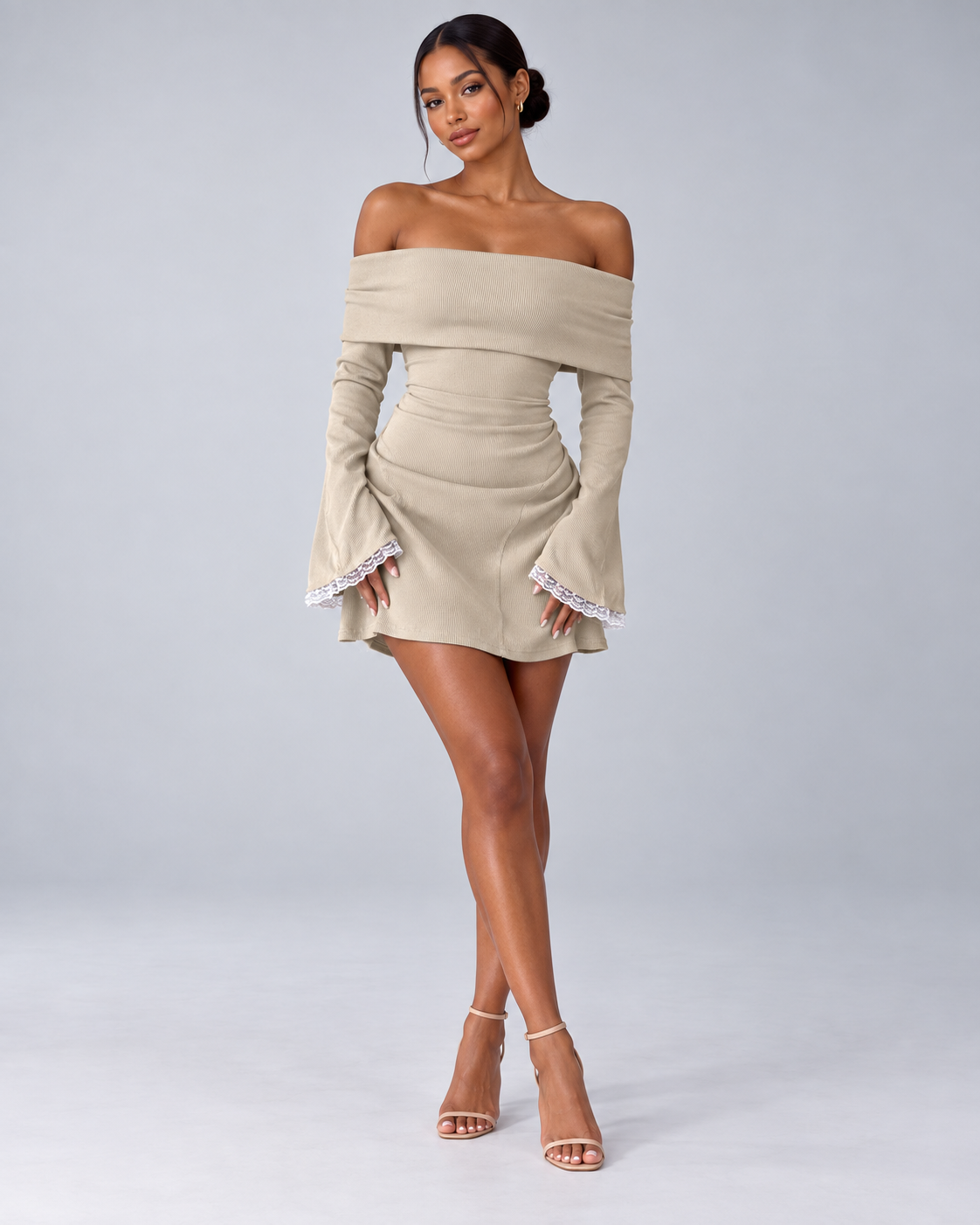 Off-Shoulder Flared-Sleeve Mini Dress