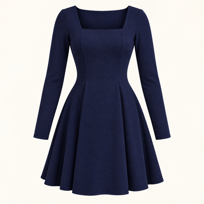 Square-Neck Long-Sleeve Fit-and-Flare Mini Dress