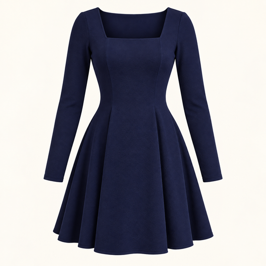 Square-Neck Long-Sleeve Fit-and-Flare Mini Dress