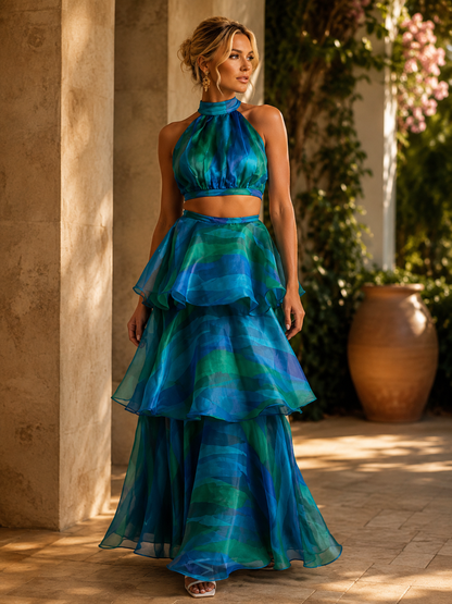 Women's Fashion Print Round Neck Sleeveless Fitted Waist Bubble Cake Dress