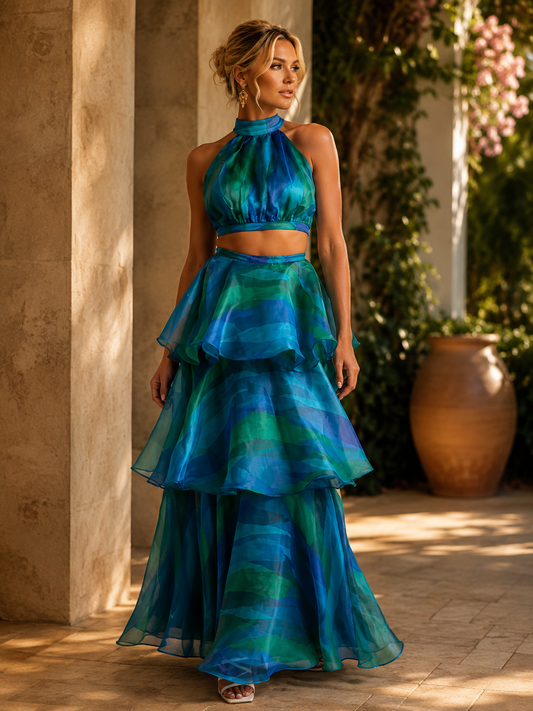 Women's Fashion Print Round Neck Sleeveless Fitted Waist Bubble Cake Dress