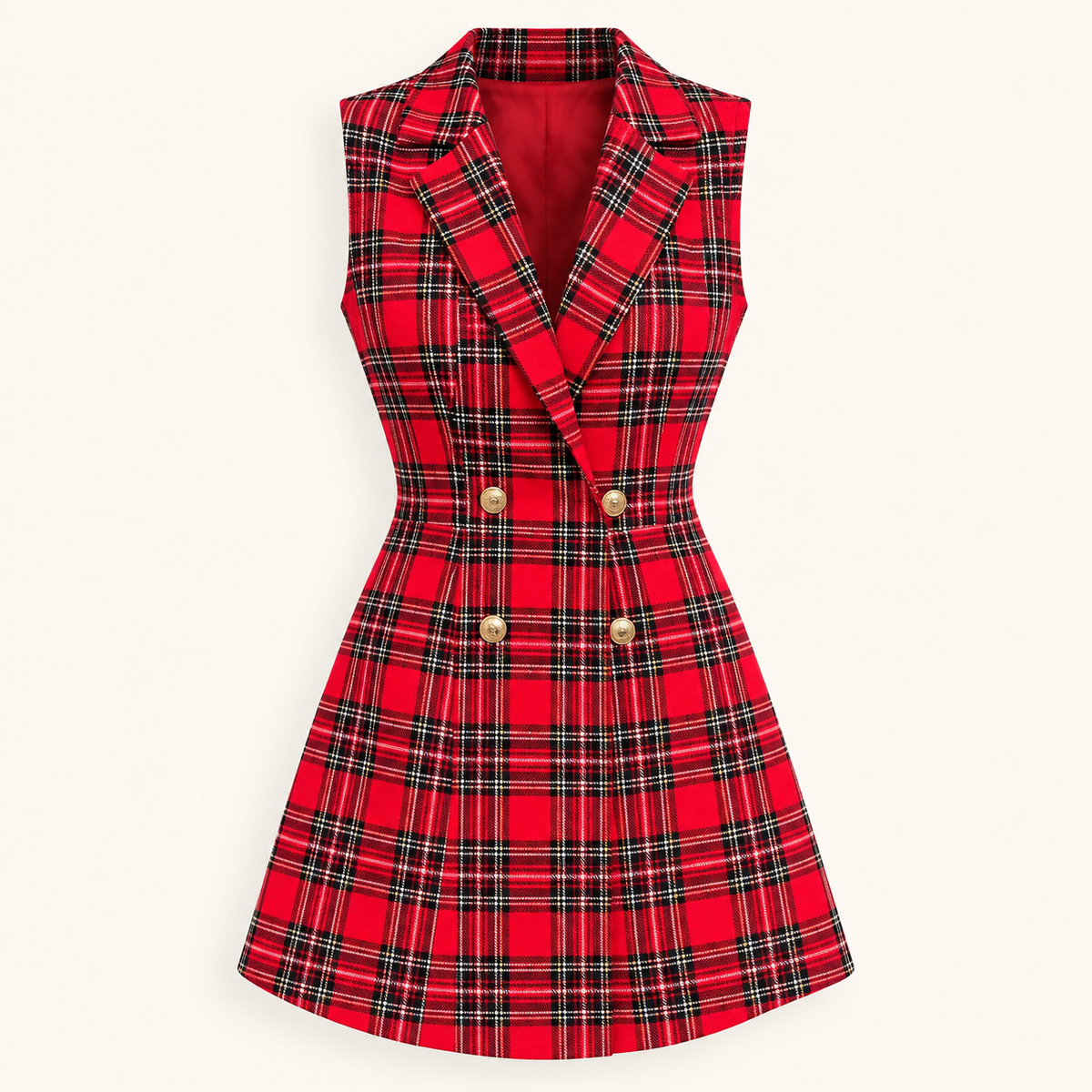 Red Plaid Sleeveless Mini Dress
