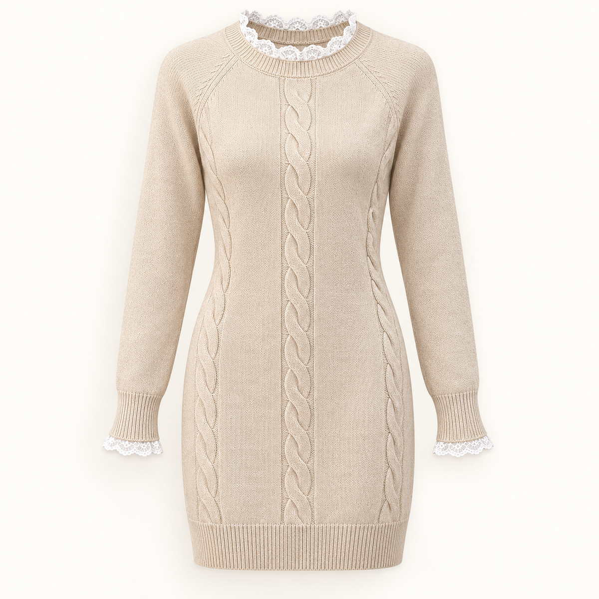 Lace-Trim Cable Knit Mini Dress