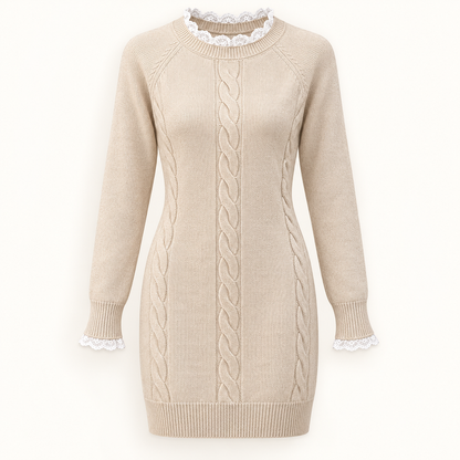 Lace-Trim Cable Knit Mini Dress