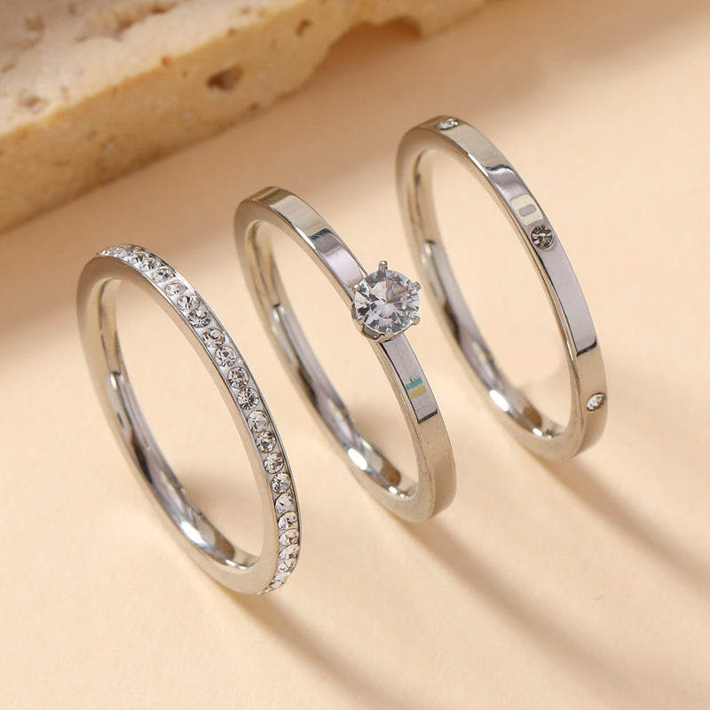 Stainless Steel Ring Three-piece Set Light Luxury High-grade Diamond