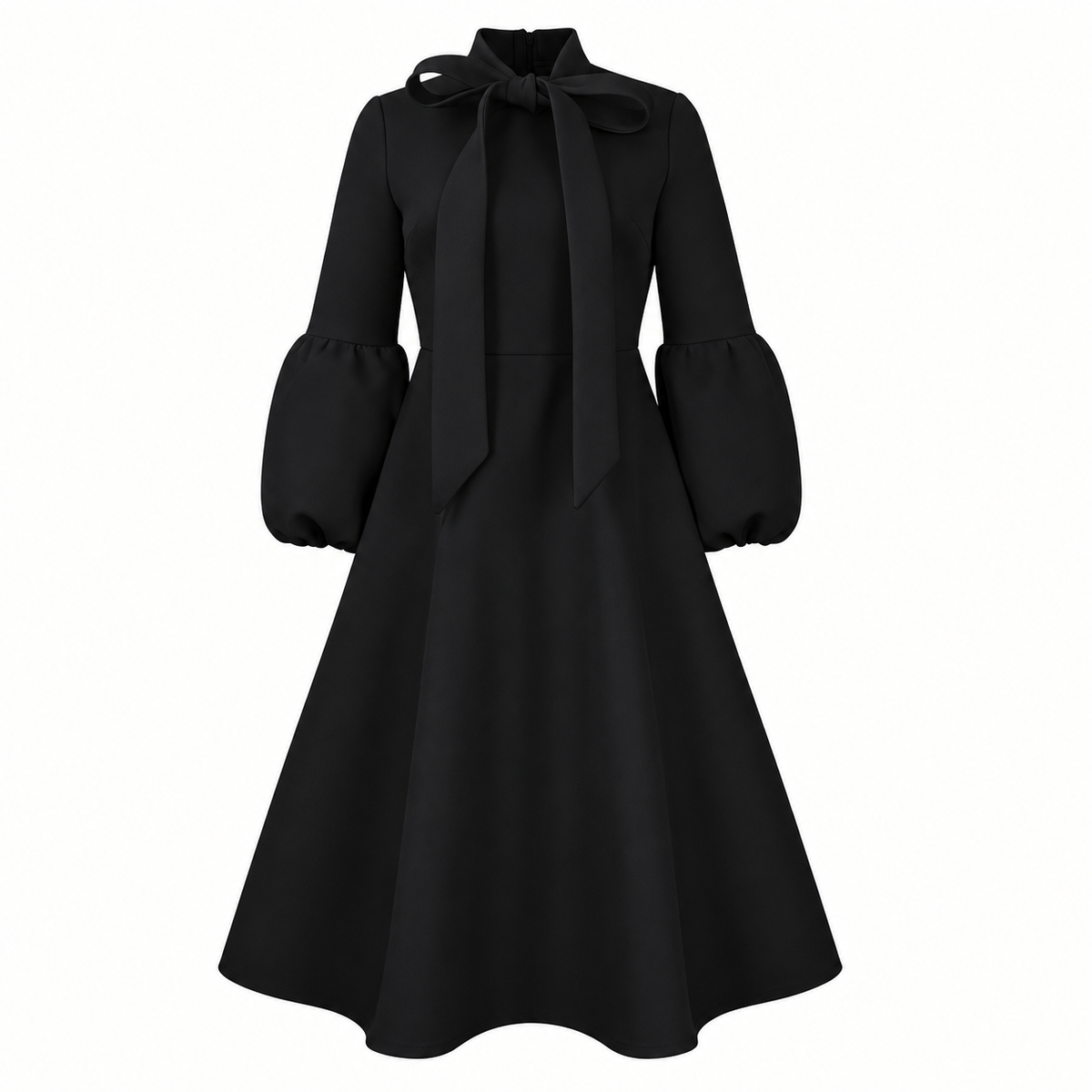 Bow-Neck Puff-Sleeve Midi Dress