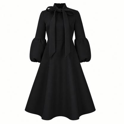 Bow-Neck Puff-Sleeve Midi Dress