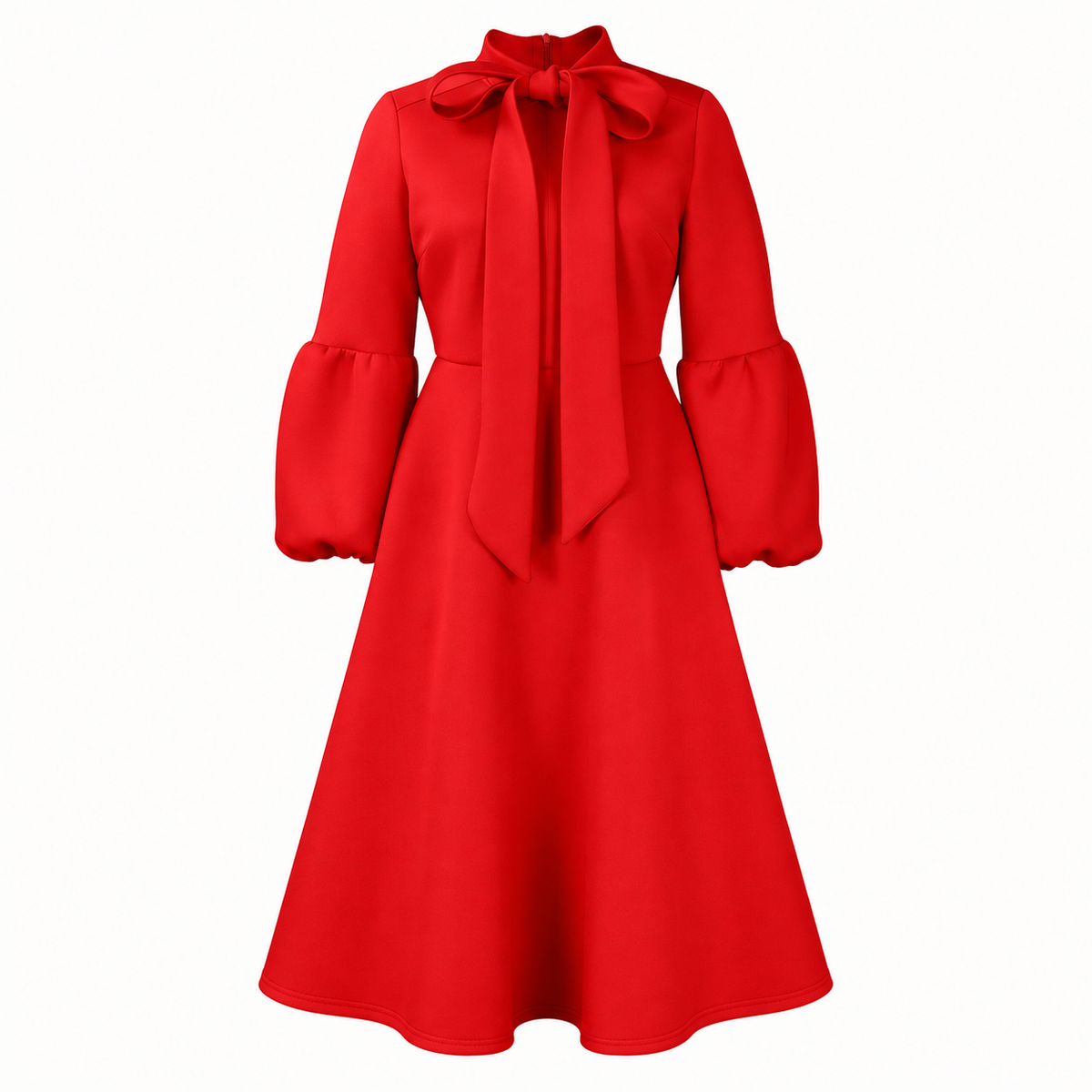 Bow-Neck Puff-Sleeve Midi Dress