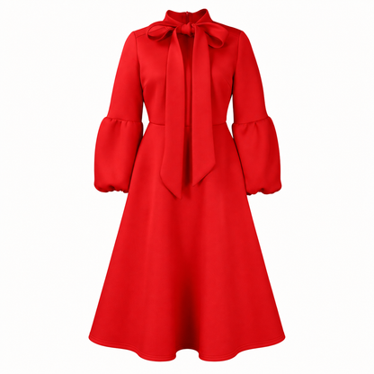 Bow-Neck Puff-Sleeve Midi Dress