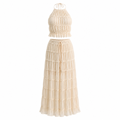 Backless Halter Lace-up Pleated Dress Lace Vest Suit