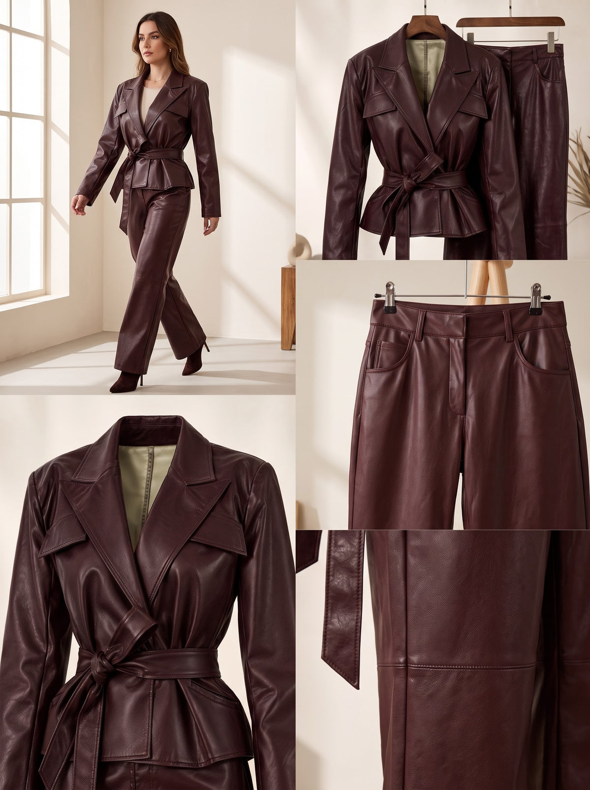 Vintage Collared Faux Leather Coat & High-Waisted Shorts Set with Belt – product view 5